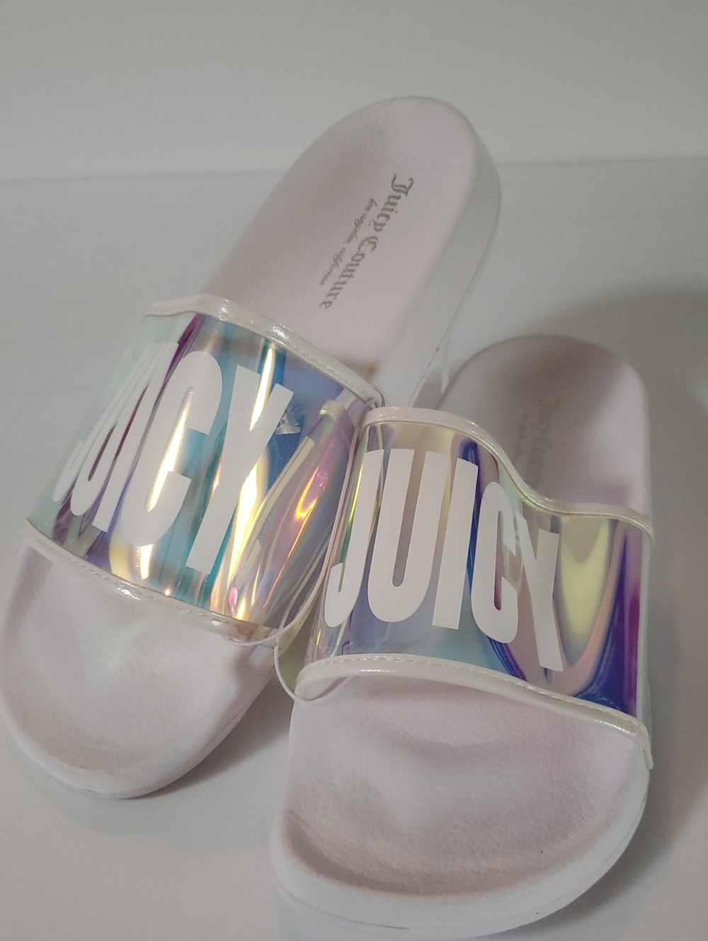 Juicy Couture Iridescent 'JUICY' Slide Sandals, 9